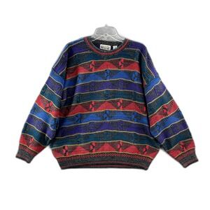 Vintage City Streets Sweater Men XL Multicolor Geometric Oversized Winter Preppy
